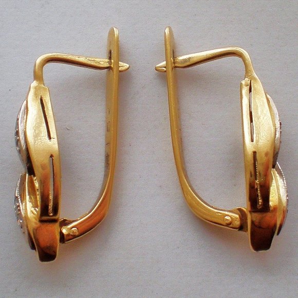 Vintage Original Soviet USSR Solid 18K 750 Yellow White Gold Diamond Earrings - Picture 4 of 7